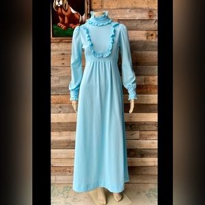 Vintage 1970s Boho Sky Blue Prairie Country Maxi Dress with Ruffles